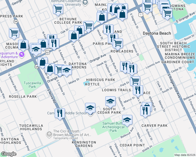 map of restaurants, bars, coffee shops, grocery stores, and more near 409 Margie Lane in Daytona Beach