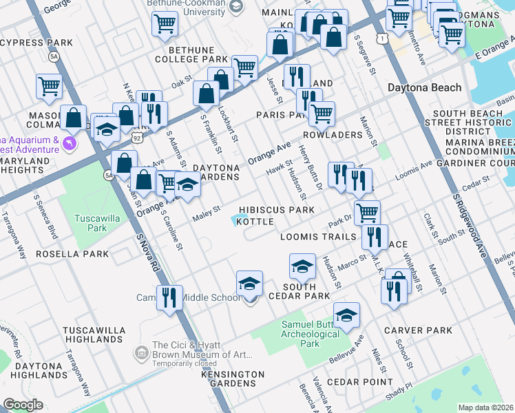 map of restaurants, bars, coffee shops, grocery stores, and more near 409 Margie Lane in Daytona Beach