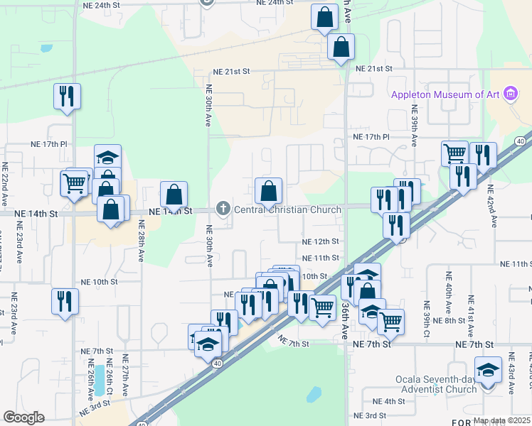 map of restaurants, bars, coffee shops, grocery stores, and more near 3316 Northeast 14th Street in Ocala
