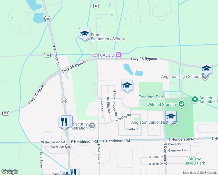 map of restaurants, bars, coffee shops, grocery stores, and more near 329 North Ranch House Road in Angleton