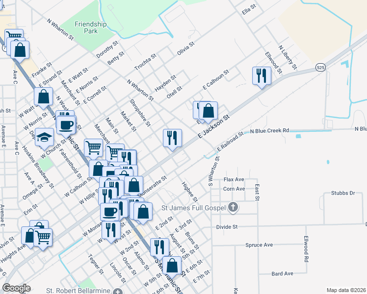map of restaurants, bars, coffee shops, grocery stores, and more near 619 East Jackson Street in El Campo