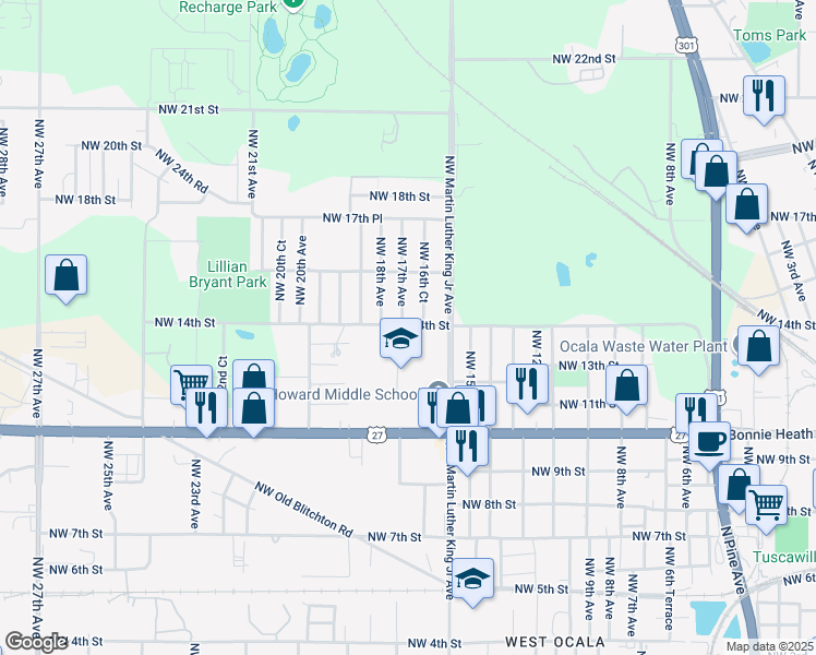 map of restaurants, bars, coffee shops, grocery stores, and more near 1658 Northwest 14th Street in Ocala