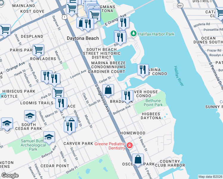 map of restaurants, bars, coffee shops, grocery stores, and more near 124 South Street in Daytona Beach