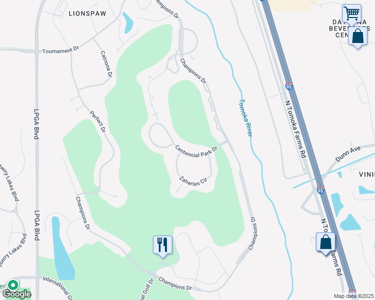 map of restaurants, bars, coffee shops, grocery stores, and more near 120 Centennial Park Drive in Daytona Beach
