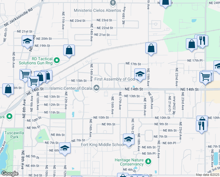 map of restaurants, bars, coffee shops, grocery stores, and more near 1509 Northeast 14th Street in Ocala