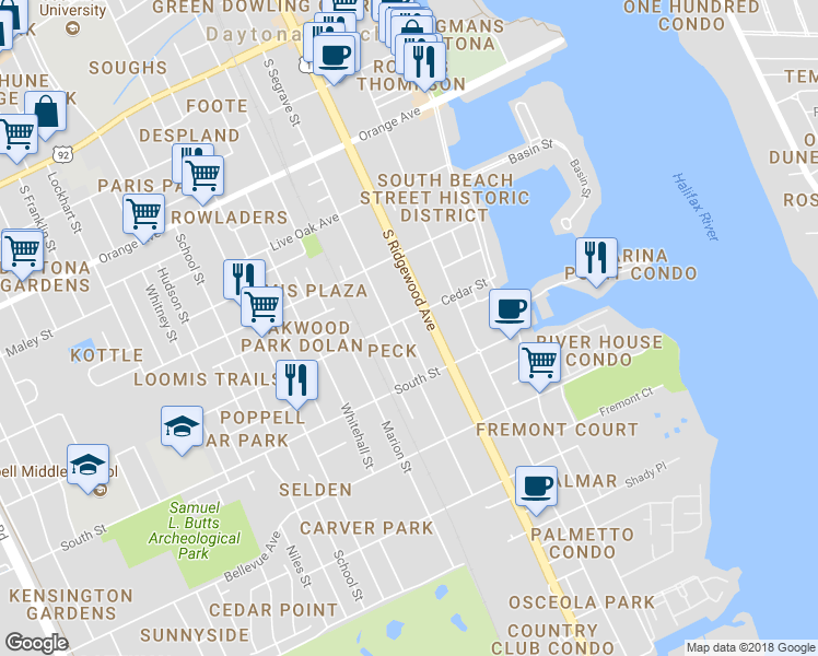 map of restaurants, bars, coffee shops, grocery stores, and more near 313 Cedar Street in Daytona Beach