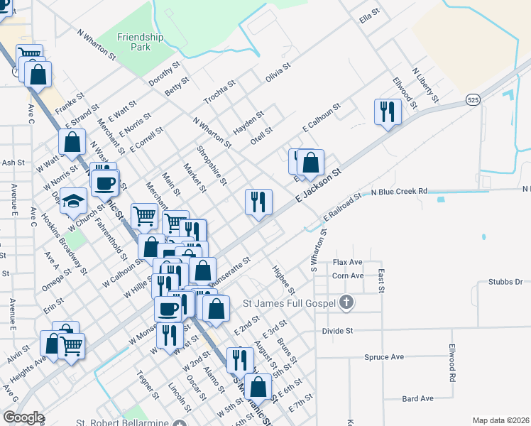 map of restaurants, bars, coffee shops, grocery stores, and more near 619 East Jackson Street in El Campo