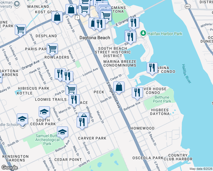 map of restaurants, bars, coffee shops, grocery stores, and more near 613 Seaman Place in Daytona Beach