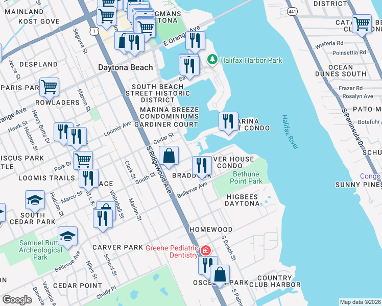 map of restaurants, bars, coffee shops, grocery stores, and more near 624 South Beach Street in Daytona Beach