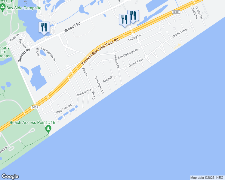 map of restaurants, bars, coffee shops, grocery stores, and more near 4244 Pelican Lane in Galveston