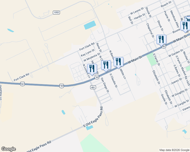 map of restaurants, bars, coffee shops, grocery stores, and more near 1210 West Main Street in Uvalde