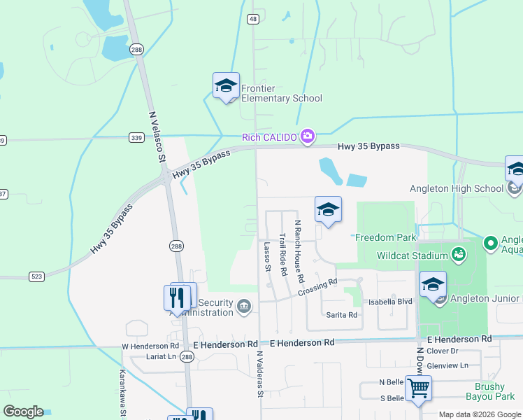 map of restaurants, bars, coffee shops, grocery stores, and more near 328 Lasso Street in Angleton