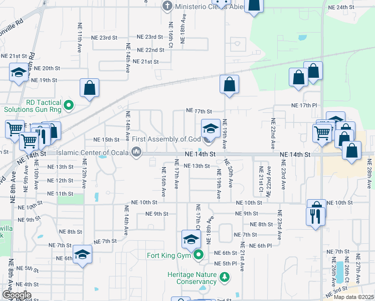 map of restaurants, bars, coffee shops, grocery stores, and more near 1733 Northeast 14th Street in Ocala
