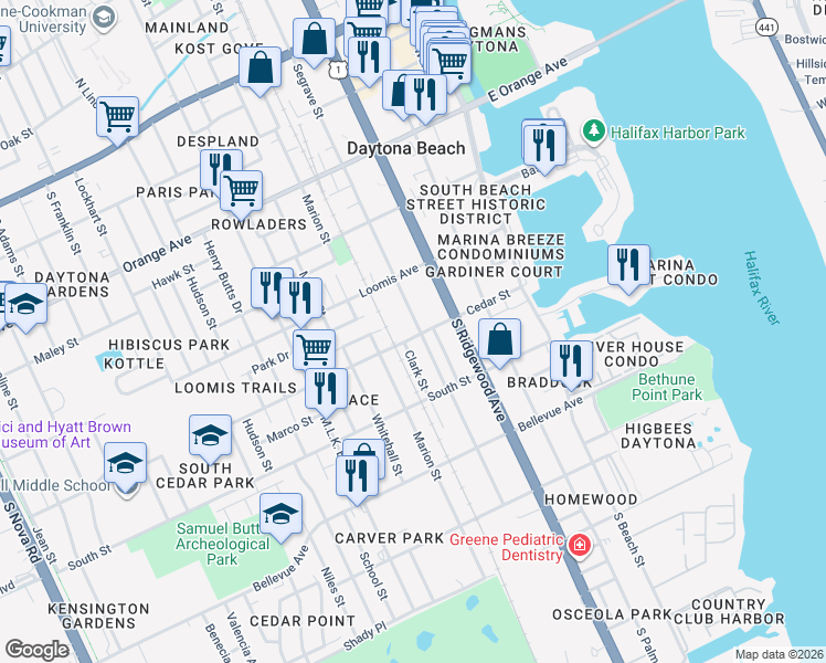 map of restaurants, bars, coffee shops, grocery stores, and more near 411 Cedar Street in Daytona Beach