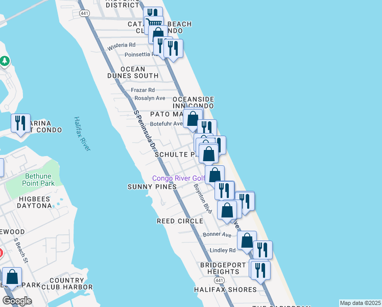 map of restaurants, bars, coffee shops, grocery stores, and more near 2038 Schulte Avenue in Daytona Beach