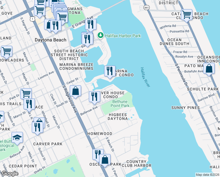 map of restaurants, bars, coffee shops, grocery stores, and more near 715 South Beach Street in Daytona Beach