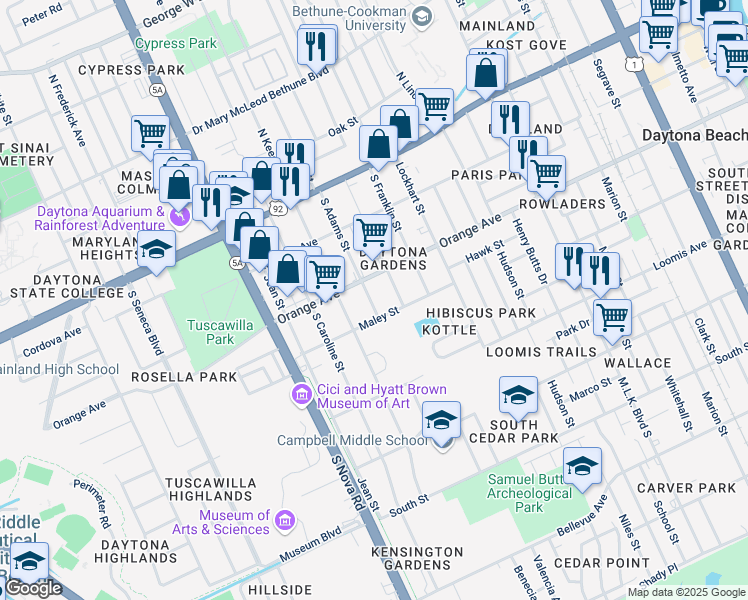 map of restaurants, bars, coffee shops, grocery stores, and more near 888 Maley Street in Daytona Beach