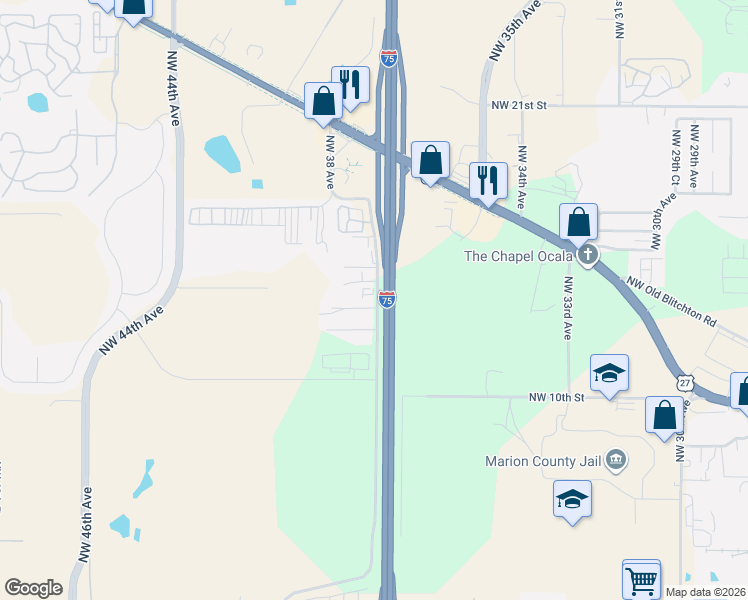 map of restaurants, bars, coffee shops, grocery stores, and more near 1364 Northwest 38th Avenue in Ocala