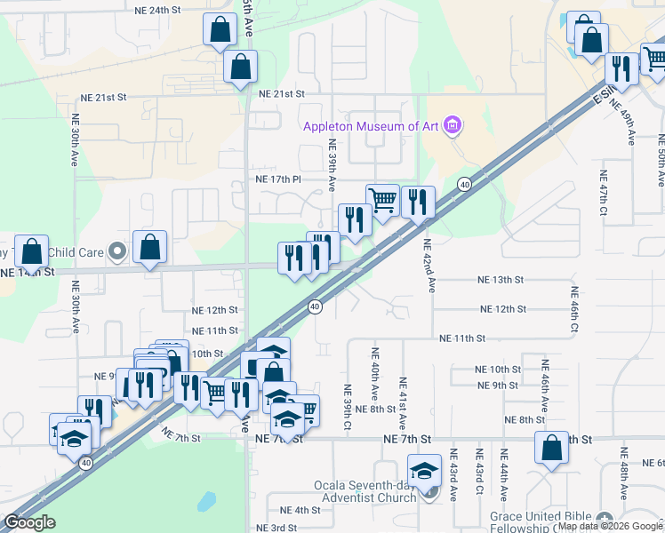 map of restaurants, bars, coffee shops, grocery stores, and more near NE 14th St & NE 39th Ave in Ocala