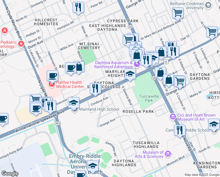 map of restaurants, bars, coffee shops, grocery stores, and more near W International Speedway Blvd & Tarragona Way in Daytona Beach