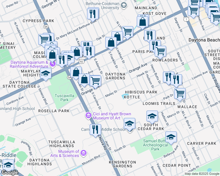 map of restaurants, bars, coffee shops, grocery stores, and more near 888 Maley Street in Daytona Beach