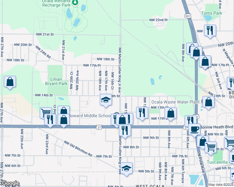 map of restaurants, bars, coffee shops, grocery stores, and more near 1658 Northwest 14th Street in Ocala