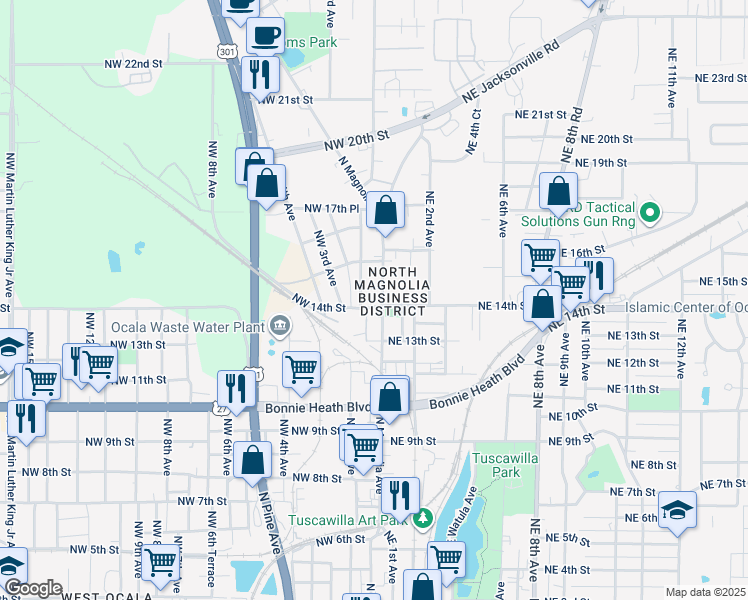 map of restaurants, bars, coffee shops, grocery stores, and more near 1337 North Magnolia Avenue in Ocala