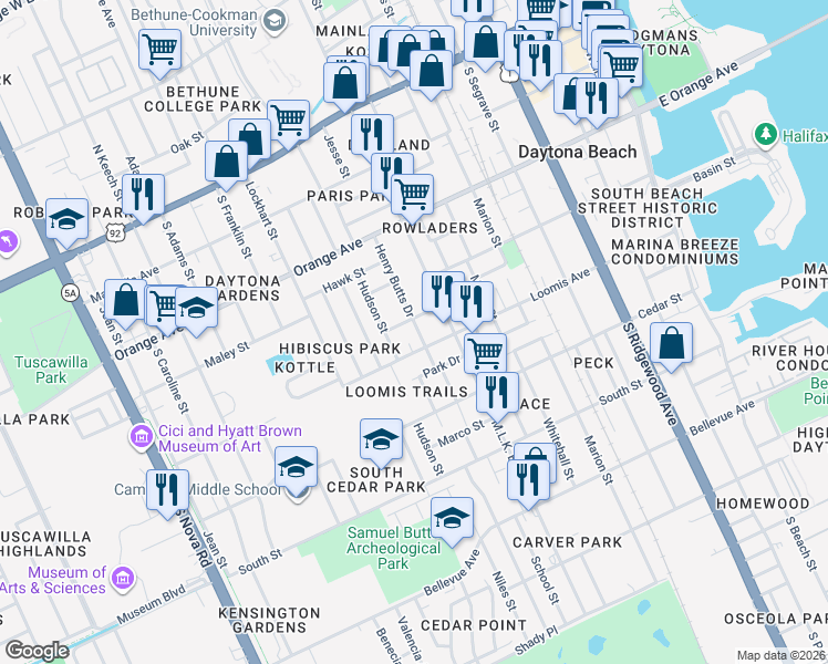 map of restaurants, bars, coffee shops, grocery stores, and more near 628 Loomis Avenue in Daytona Beach