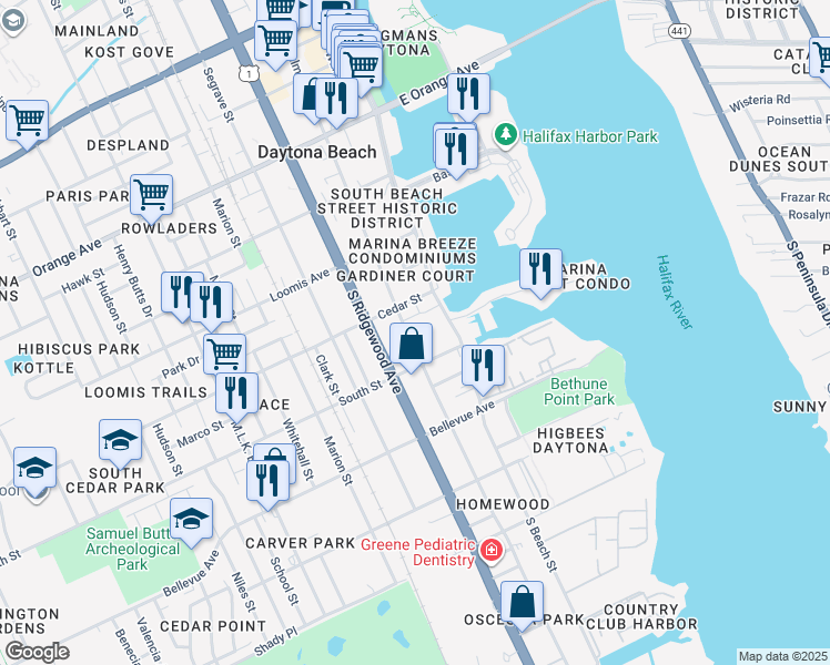 map of restaurants, bars, coffee shops, grocery stores, and more near 628 South Palmetto Avenue in Daytona Beach
