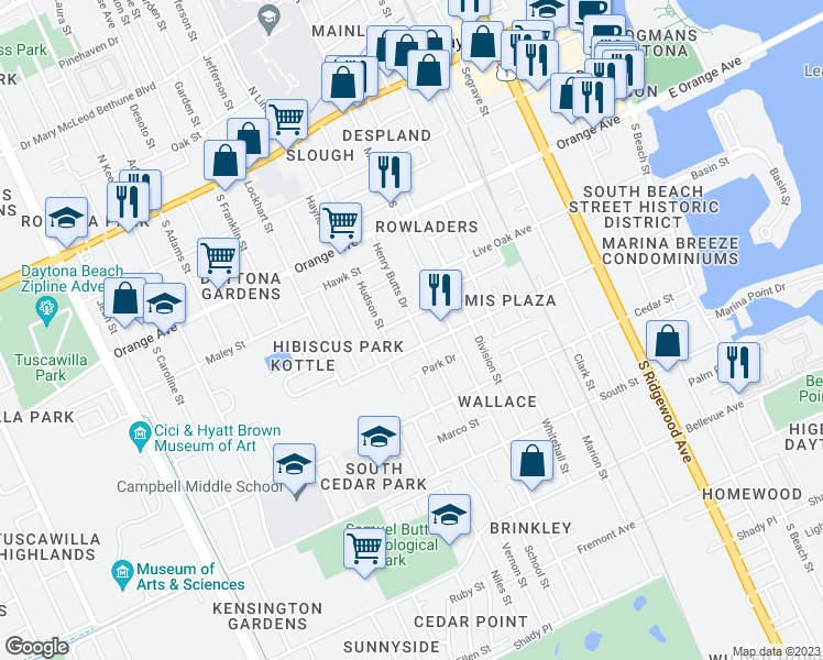 map of restaurants, bars, coffee shops, grocery stores, and more near 628 Loomis Avenue in Daytona Beach