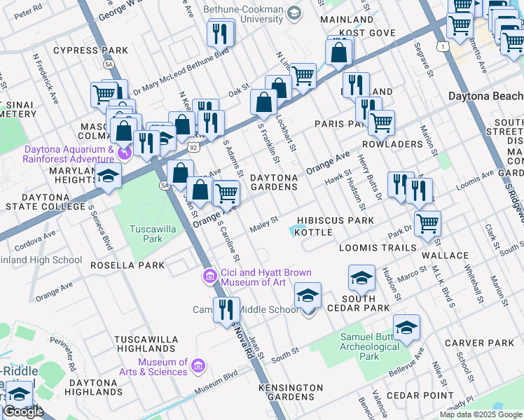 map of restaurants, bars, coffee shops, grocery stores, and more near 888 Maley Street in Daytona Beach