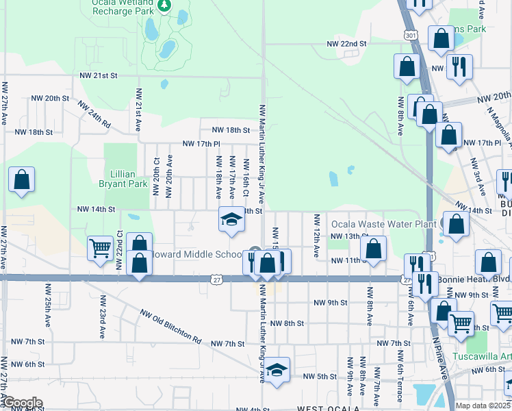 map of restaurants, bars, coffee shops, grocery stores, and more near 1658 Northwest 14th Street in Ocala