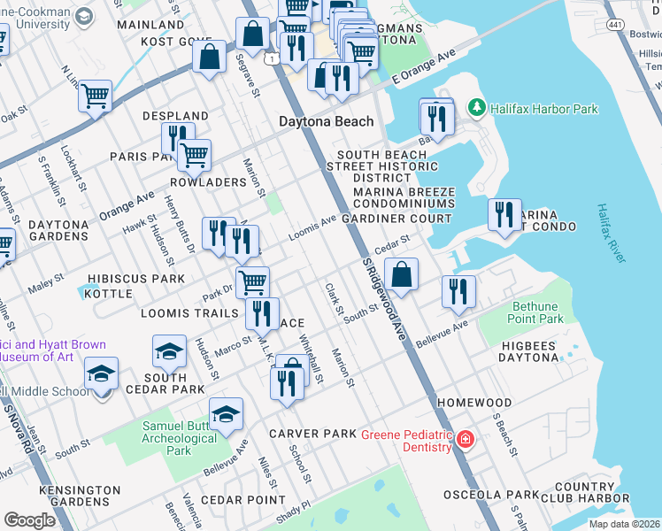 map of restaurants, bars, coffee shops, grocery stores, and more near 411 Cedar Street in Daytona Beach