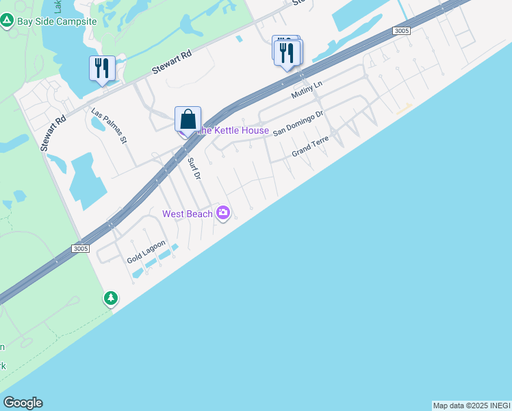 map of restaurants, bars, coffee shops, grocery stores, and more near 4244 Pelican Lane in Galveston