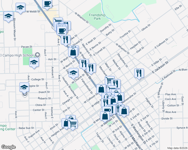 map of restaurants, bars, coffee shops, grocery stores, and more near 603 North Mechanic Street in El Campo