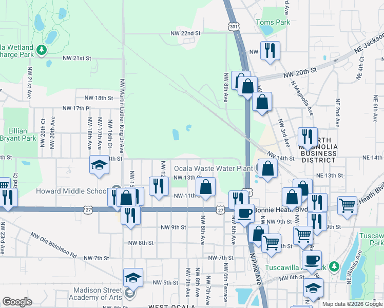 map of restaurants, bars, coffee shops, grocery stores, and more near 806 Northwest 14th Street in Ocala