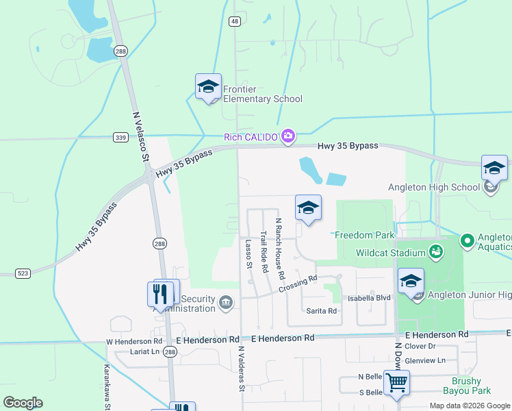 map of restaurants, bars, coffee shops, grocery stores, and more near 328 Lasso Street in Angleton