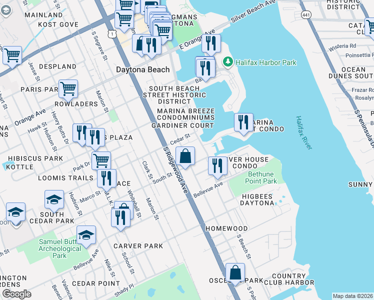 map of restaurants, bars, coffee shops, grocery stores, and more near 628 South Palmetto Avenue in Daytona Beach
