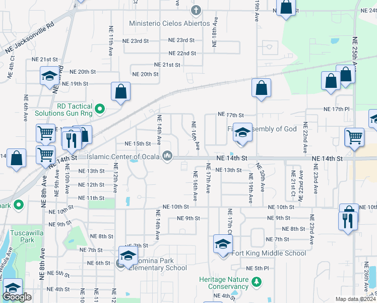 map of restaurants, bars, coffee shops, grocery stores, and more near 1509 Northeast 14th Street in Ocala
