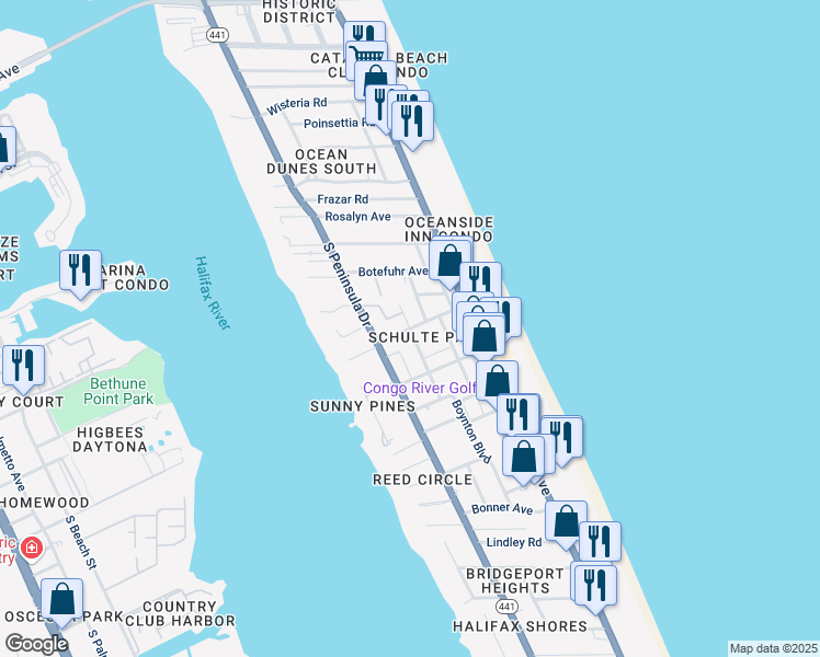 map of restaurants, bars, coffee shops, grocery stores, and more near 119 Park Avenue in Daytona Beach