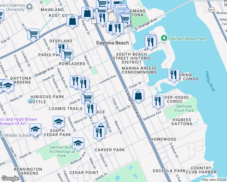map of restaurants, bars, coffee shops, grocery stores, and more near 411 Cedar Street in Daytona Beach