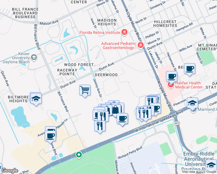 map of restaurants, bars, coffee shops, grocery stores, and more near 1704 Huntington Village Cir in Daytona Beach