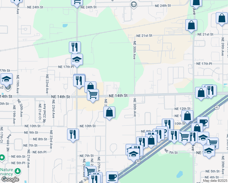 map of restaurants, bars, coffee shops, grocery stores, and more near 2901 Northeast 14th Street in Ocala