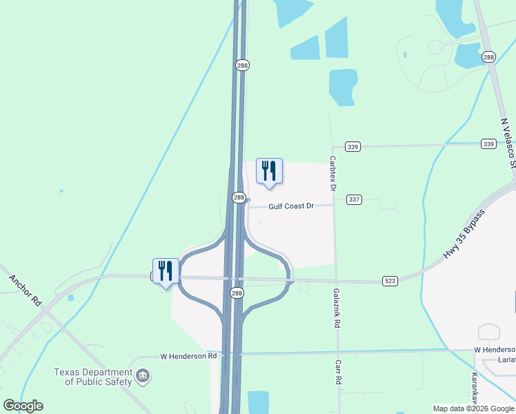 map of restaurants, bars, coffee shops, grocery stores, and more near State Highway 288 in Angleton