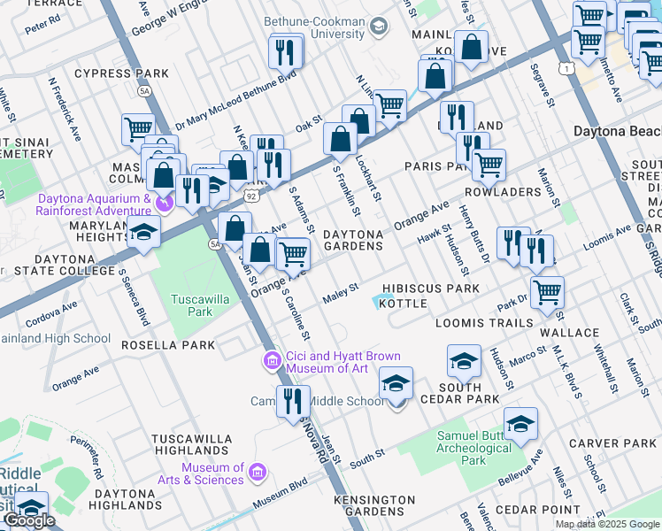 map of restaurants, bars, coffee shops, grocery stores, and more near 850 Orange Avenue in Daytona Beach