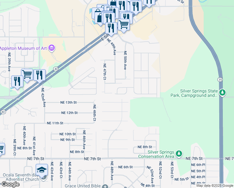 map of restaurants, bars, coffee shops, grocery stores, and more near Northeast 49th Avenue in Ocala