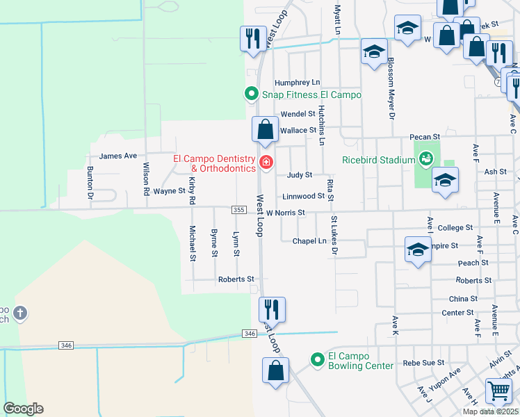 map of restaurants, bars, coffee shops, grocery stores, and more near 1900 West Loop in El Campo