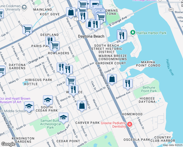 map of restaurants, bars, coffee shops, grocery stores, and more near 525 South Segrave Street in Daytona Beach