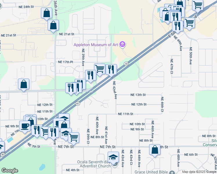 map of restaurants, bars, coffee shops, grocery stores, and more near 1496-1598 Northeast 42nd Avenue in Ocala