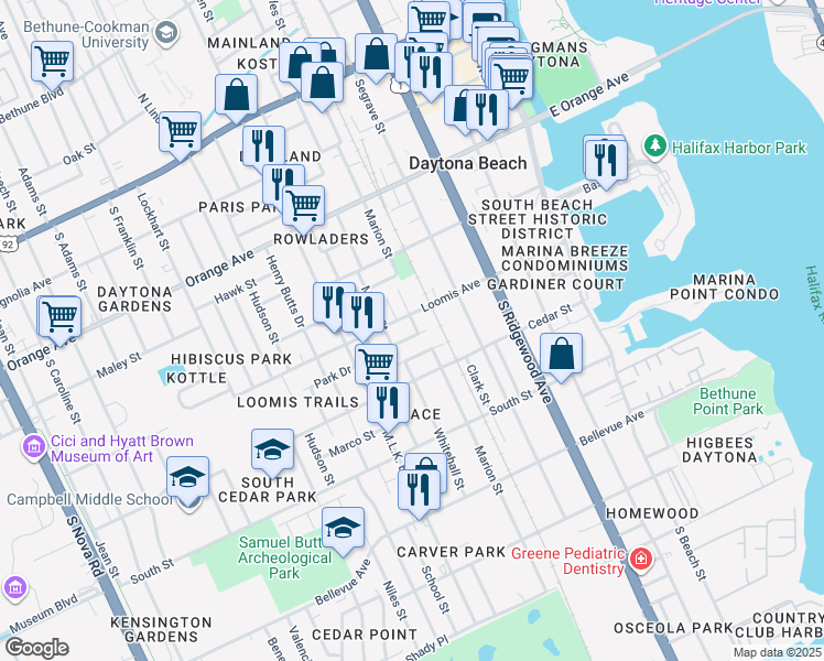 map of restaurants, bars, coffee shops, grocery stores, and more near 530 Loomis Avenue in Daytona Beach
